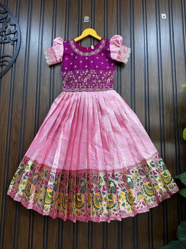 Kids gown paithani silk Pink Girls clothing wholesaler Ahmedabad
